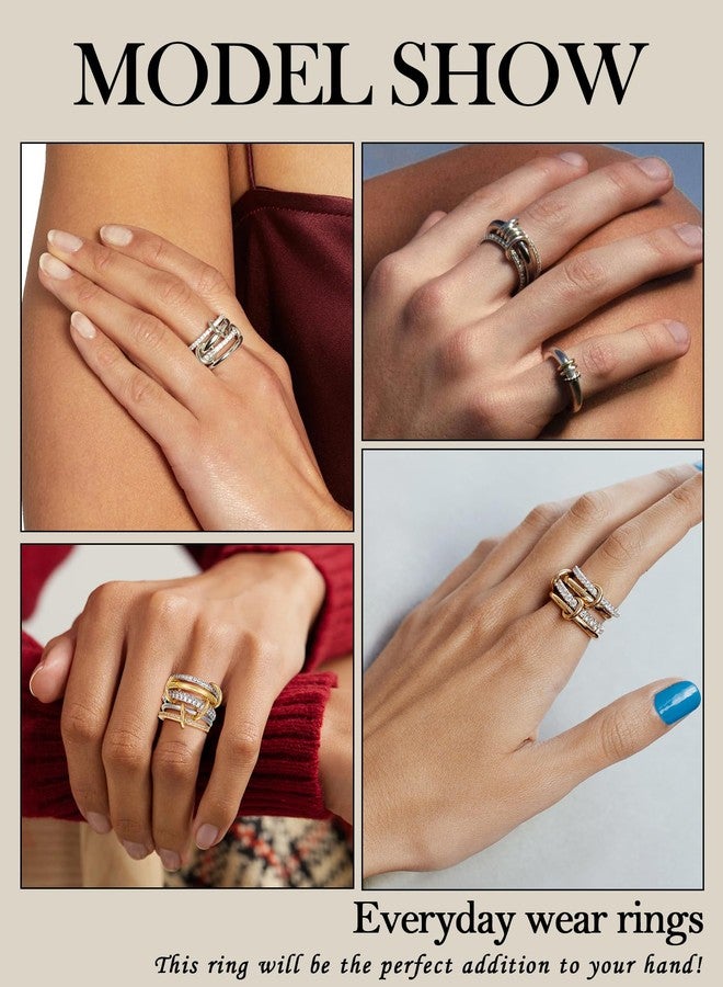 TLY Gold Silver Stackable Rings for Women Mixed Metal Interlocked Statement Ring Stack 14K Gold Plated Cubic Zirconia Fashion Two Tone Connected Bands Size 4-11 - Image 4
